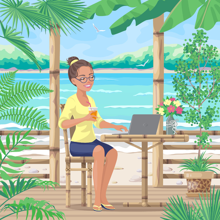 Pretty smiling girl in glasses sits on terrace near tropical sea beach. Young woman drinks juice and works on laptop computer. Theme of freelance work, vacation and travel. Vector flat illustration.のイラスト素材