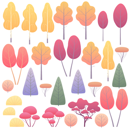 Various trees and bushes set. Simple autumn plants isolated on white. Landscape element design. Vector flat illustration.のイラスト素材