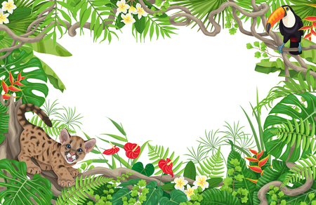 Summer background with tropical plants and animals. Horizontal floral frame with funny angry puma cub and toucan on liana branches. Space for text. Rainforest foliage border vector flat illustration.のイラスト素材