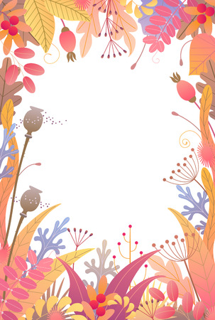 Rectangle vertical frame made with colorful leaves, dried grass and berries on white background. Floral border with simple elements of autumn plants. Vector flat naive illustration.