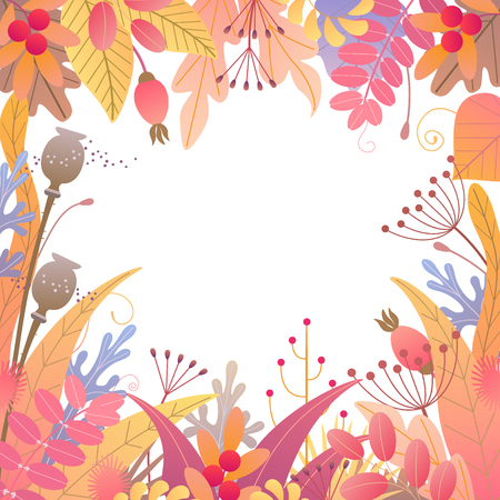 Square frame made with colorful leaves, dried grass and berries on white background with space for text. Floral border with simple elements of autumn plants. Vector flat naive illustration.のイラスト素材