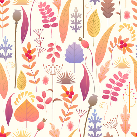 Seamless pattern made with colorful leaves, dried grass and berries on light background. Endless texture with simple elements of autumn plants. Vector flat naive floral decoration.