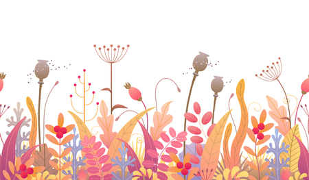 Seamless line horizontal pattern made with colorful leaves, dried grass and berries on white background. Endless horizontal row with simple elements of autumn plants. Vector flat floral decoration.のイラスト素材