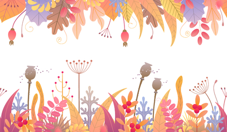 Seamless line horizontal pattern made colorful leaves, dried grass and berries on white background. Endless border with simple elements of autumn plants in two rows. Vector flat floral decoration.のイラスト素材