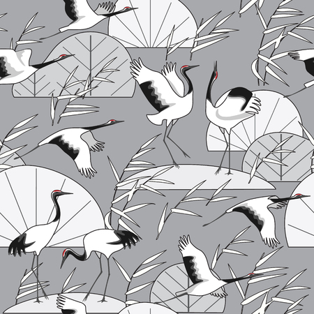 Seamless pattern with Japanese cranes and reeds on gray background. Endless texture decoration in oriental style with black and white simple plants and birds. Vector flat illustration.のイラスト素材