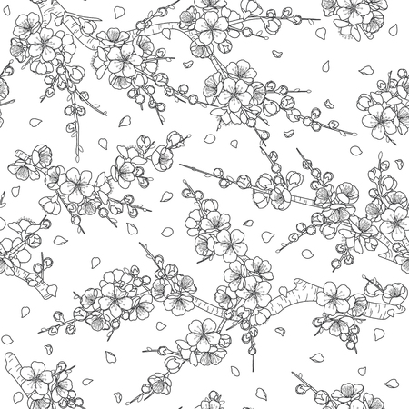 Black and white seamless pattern with flowering tree branches. Endless texture decoration with line monochrome flowers and flying petals. Vector outlined illustration.のイラスト素材