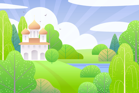 Spring scene with church, clouds, green trees, bushes  and flying birds.  Nature background with simple landscape. Vector flat illustration.  のイラスト素材