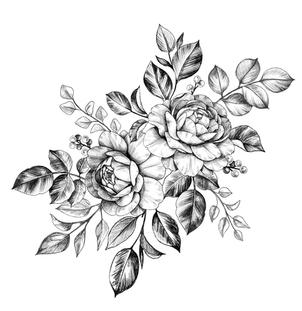 Hand drawn floral bunch with rose flowers, berries and leaves isolated on white background. Pencil drawing monochrome elegance composition in vintage style.の写真素材