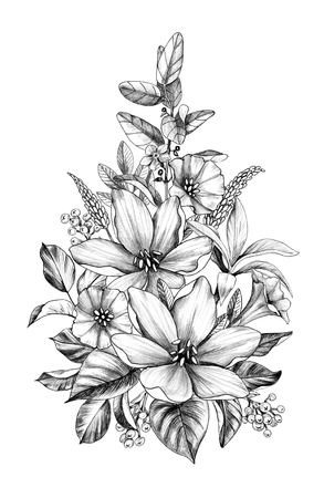 Hand drawn floral bouquet with various big and small   flowers and leaves isolated on white background. Pencil drawing monochrome elegant flower composition in vintage style.の写真素材