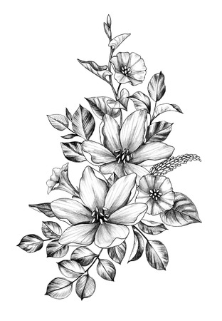 Hand drawn floral bunch with various big and small   flowers and leaves isolated on white background. Pencil drawing monochrome elegant flower composition in vintage style.の写真素材