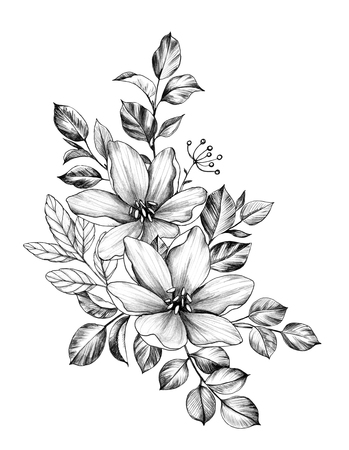 Hand drawn floral bunch with two flowers and leaves isolated on white background. Pencil drawing monochrome elegant flower composition in vintage style.の写真素材