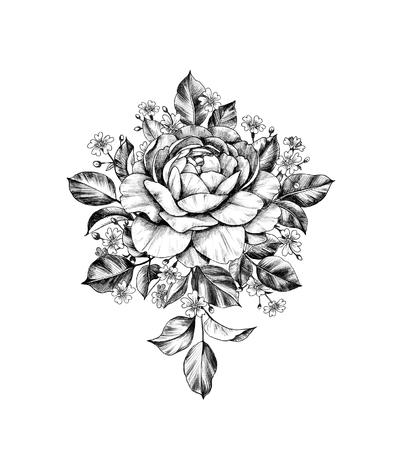 Hand drawn bunch with rose flower and small gypsophila isolated on white background. Pencil drawing monochrome elegant floral composition in vintage style, t-shirt, tattoo design.の写真素材
