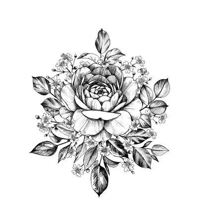 Hand drawn bouquet with rose flower and small gypsophila isolated on white background. Pencil drawing monochrome elegant floral composition in vintage style, t-shirt, tattoo design.の写真素材