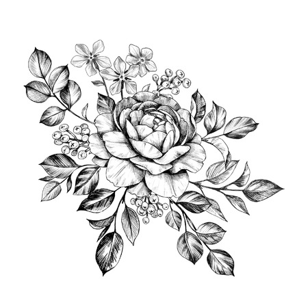Hand drawn bunch with rose, berries and small flowers isolated on white background. Pencil drawing monochrome elegant floral composition in vintage style, t-shirt, tattoo design.の写真素材