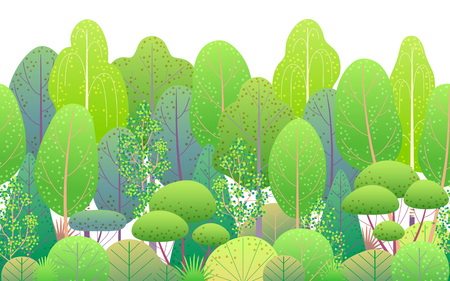 Seamless line horizontal pattern made with colorful spring forest trees and bushes on white background. Endless texture with simple elements of summer plants. Green foliage vector flat illustration.のイラスト素材