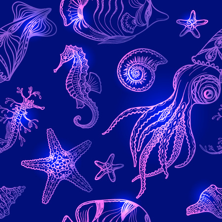 Shining neon ornate underwater animal seamless pattern. Hand drawn doodle starfish, shells, squid, fish and sea horse on blue background.