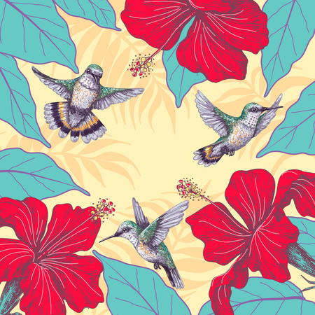Summer background with Hummingbird and Red Hibiscus. Floral frame with small colibri flying near flowers.のイラスト素材