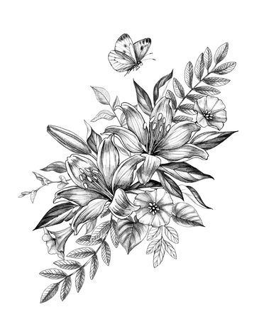 Hand drawn floral bunch with Lily and Bindweed flowers and flying butterfly isolated on white background. Pencil drawing monochrome elegant flower composition in vintage style, t-shirt, tattoo design.の写真素材