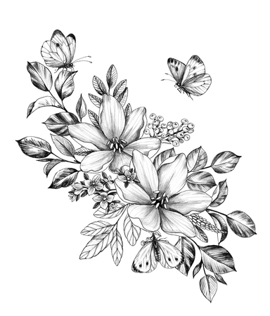 Hand drawn floral bunch with various big and small flowers and butterflies isolated on white background. Pencil drawing monochrome elegant flower composition in vintage style, t-shirt, tattoo design.の写真素材