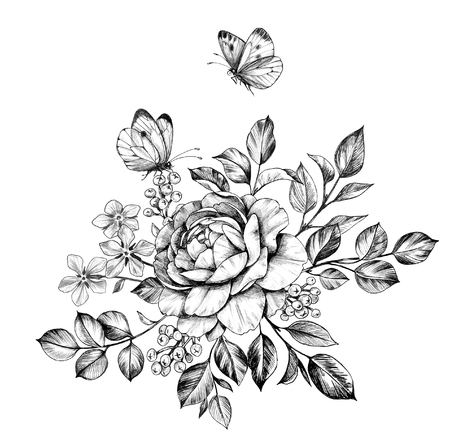 Hand drawn bunch with rose, berries, small flowers and flying butterflies isolated on white background. Pencil drawing monochrome elegant floral composition in vintage style, t-shirt, tattoo design.の写真素材