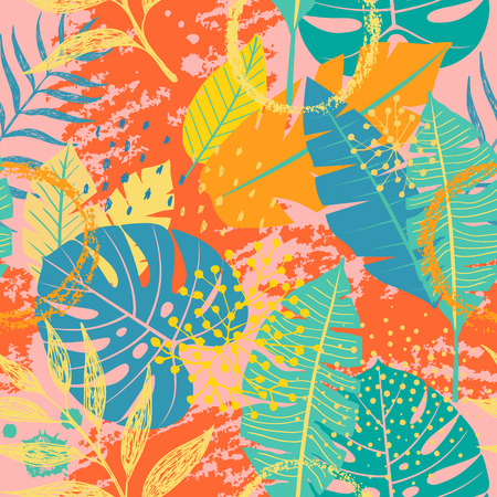 Seamless pattern made  with vivid tropical leaves and hand drawn textures.のイラスト素材