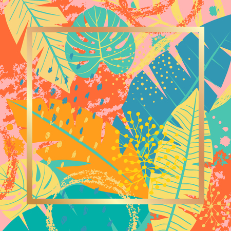 Square floral background with vivid colorful tropical leaves, hand drawn textures and golden frame.のイラスト素材