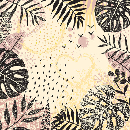 Square  floral border with monochrome tropical leaves and hand drawn textures and splashes on yellow background.のイラスト素材