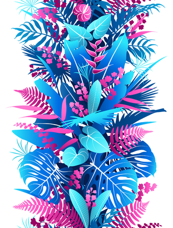 Seamless line vertical pattern with pink and blue tropical plants silhouette. Colorful foliage texture with leaves in row. Vector flat illustration.のイラスト素材