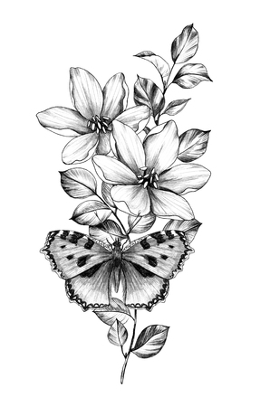 Hand drawn butterfly with flowers isolated on white background. Pencil drawing monochrome insect and plants. Elegant floral composition in vintage style, t-shirt design, tattoo art.の写真素材