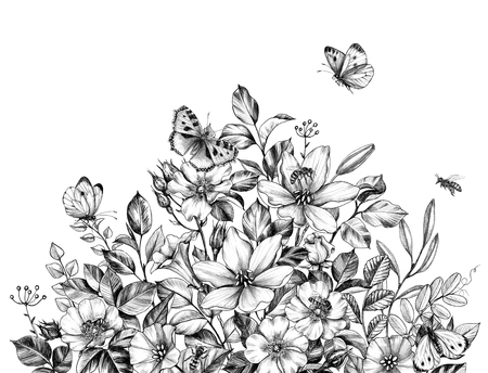 Hand drawn wildflowers bunch, flying bees and butterflies isolated on white background. Pencil drawing  elegance flowers border in vintage style.の写真素材