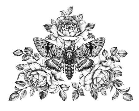 Hand drawn Acherontia Styx butterfly and Roses on white. Pencil drawing monochrome elegant floral composition with Death's-Head Hawkmoth top view. Illustration in vintage style, tattoo art.の写真素材