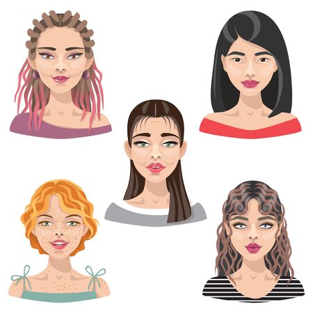 Set of cartoon girls with different hairstyles, makeup and hair color illustration. Avatar collection of women faces.のイラスト素材