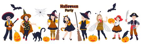 Kids in costumes at Halloween Party. Children dressed as witches, pirate, stargazer, skeleton and animals isolated on white. Vector flat illustration holiday theme.のイラスト素材