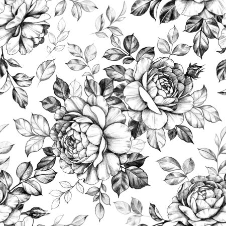 Seamless pattern made with hand drawn rose flowers and leaves. Pencil drawing monochrome elegant floral composition in vintage style.の写真素材