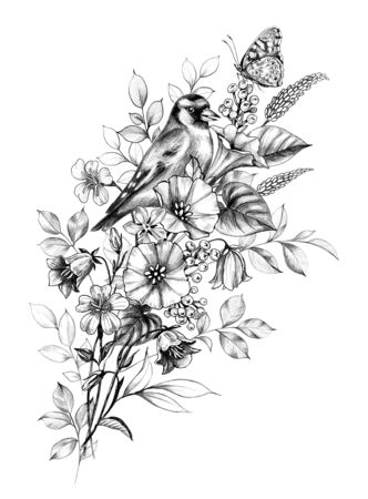 Hand drawn goldfinch and butterfly sitting on wildflowers bouquet isolated on white background. Pencil drawing monochrome floral composition with bird and field  flowers in vintage style, t-shirt, tattoo designの写真素材