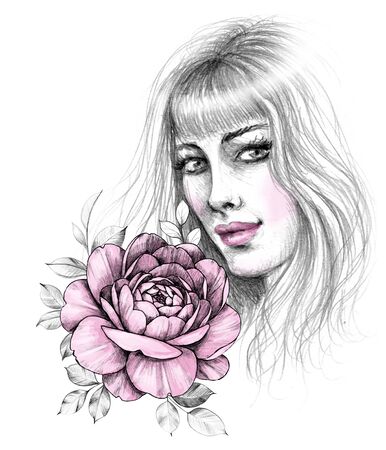 Hand drawn face of beautiful young woman and pink rose with leaves isolated on white background.  Girl head with flower monochrome pencil drawing illustration.の写真素材