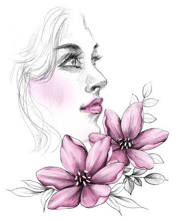 Hand drawn face in profile of beautiful young woman and pink flowers with leaves isolated on white background.  Girl head with flower monochrome pencil drawing illustration.の写真素材