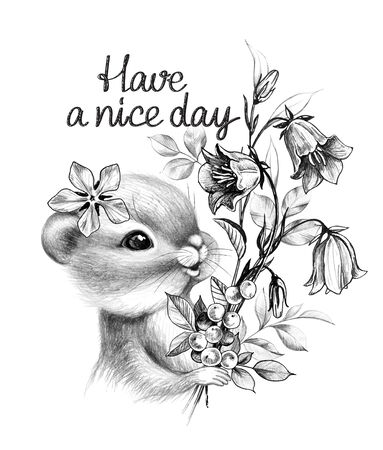 Hand drawn cute Chipmunk holds bouquet with wildflowers. Pencil drawing little rodent with big cheeks. Monochrome greeting card with cartoon animal and bluebells, have a nice day inscription.の写真素材