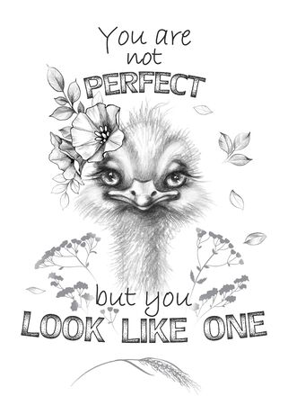 Hand drawn calm ostrich, flowers and wild plants. Pencil drawing cute bird nestling with big eyes and long neck. Monochrome typography slogan you are not perfect but you look like one - inscription.の写真素材