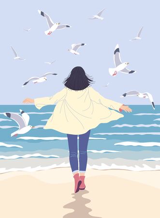 Young woman enjoy at the sea coast. Dreamy girl walking along the seaside back view.のイラスト素材