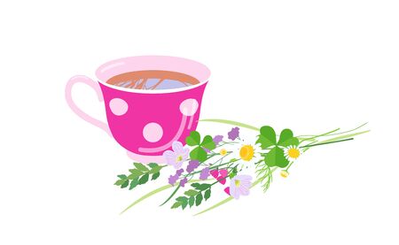 Pink tea cup and wildflowers bunch isolated on white background. Simple polka dot teacup and wild meadow plants vector flat illustration.のイラスト素材