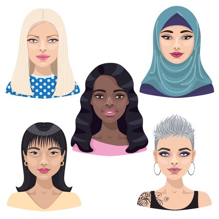 Set of cute cartoon girls with different hairstyles, makeup and hair color illustration. Avatar collection of women faces isolated on white.のイラスト素材