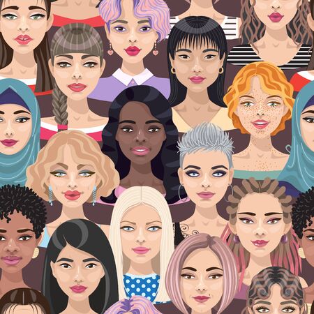 Seamless pattern with women faces or heads. Group of cute cartoon girls with different hairstyles, makeup and hair color. Backdrop with crowd of multicultural people on dark background.のイラスト素材
