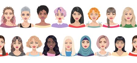 Seamless border with female faces.  Girlfriends group, union of feminists, sisterhood. Cartoon girls with different hairstyles and makeup. Endless banner for feminism theme, Women's Day decoration.のイラスト素材