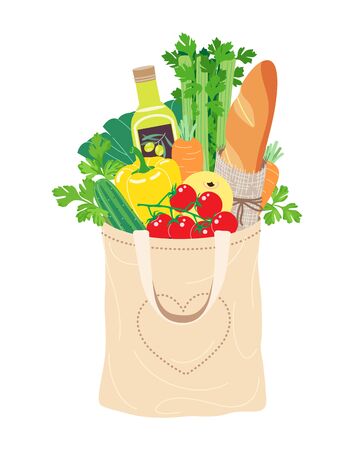 Simple ecobag with natural food isolated on white. Textile eco-friendly reusable shopping bag filled with organic products. Zero waste, healthy eating concept vector flat illustration.のイラスト素材