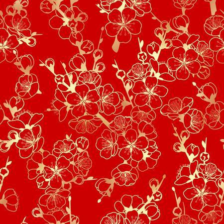 Red seamless pattern with golden flowering tree branches. Endless texture decoration with line gold flowers. Vector outlined illustration.のイラスト素材