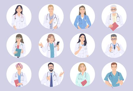 Avatars male and female characters doctors and nurses set. Friendly medical workers talking to patient. Hospital staffs circle icon, healthcare service vector flat illustration.のイラスト素材
