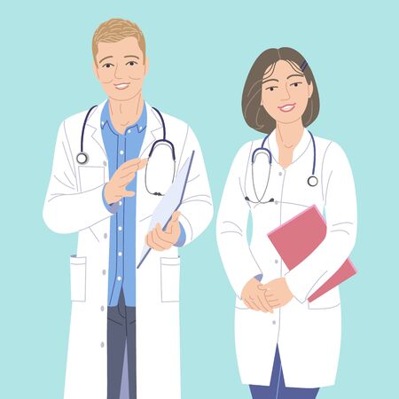 Two doctors male and female simple characters. Friendly medical workers in white coats isolated on turquoise background. Doctor meeting patient. Healthcare service vector flat illustration.のイラスト素材