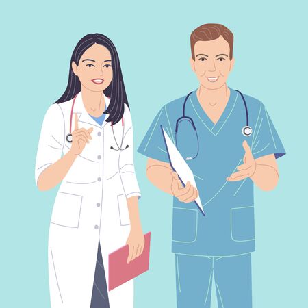 Man and woman doctors simple characters. Friendly medical workers isolated on turquoise background. Doctor talking to patient. Healthcare service vector flat illustration.のイラスト素材