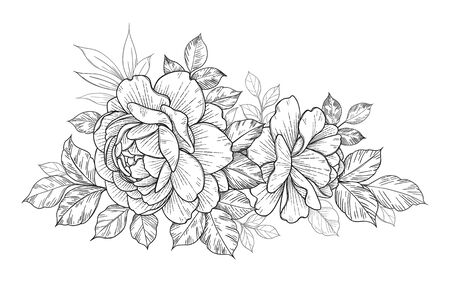 Hand drawn rose flower and leaves bunch isolated on white background. Vector line art monochrome elegant floral composition in vintage style, t-shirt, tattoo design, coloring page, wedding decoration のイラスト素材